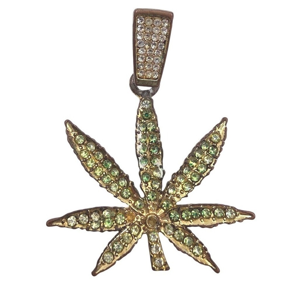 Green Rhinestone Cannabis Leaf Pendant‎ Bronze Tone Iced Out Bail Streetwear